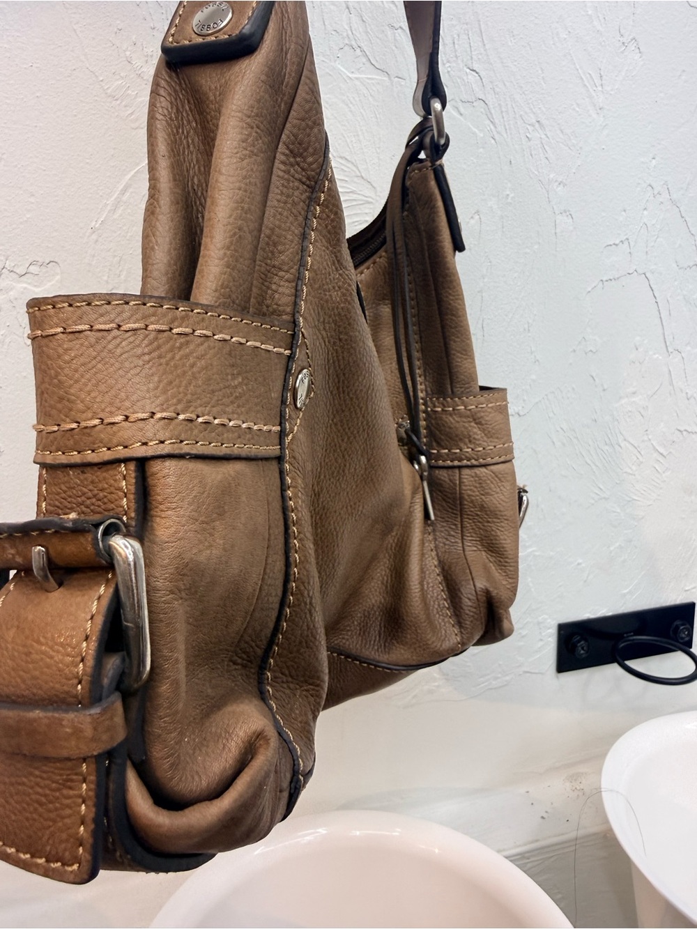 Fossil Taupe Brown Leather Hobo Bag